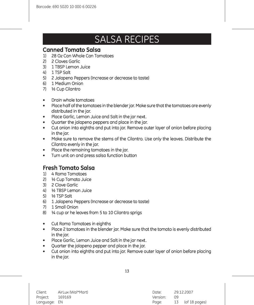 GE 169175, 169169 manual Salsa Recipes, Canned Tomato Salsa, Fresh Tomato Salsa 