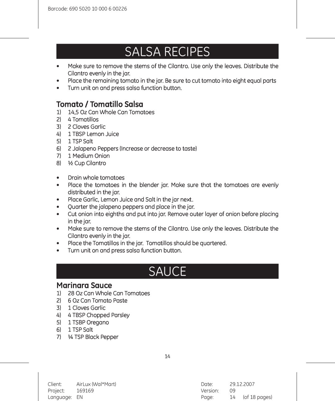 GE 169169, 169175 manual Tomato / Tomatillo Salsa, Marinara Sauce, Salsa Recipes 
