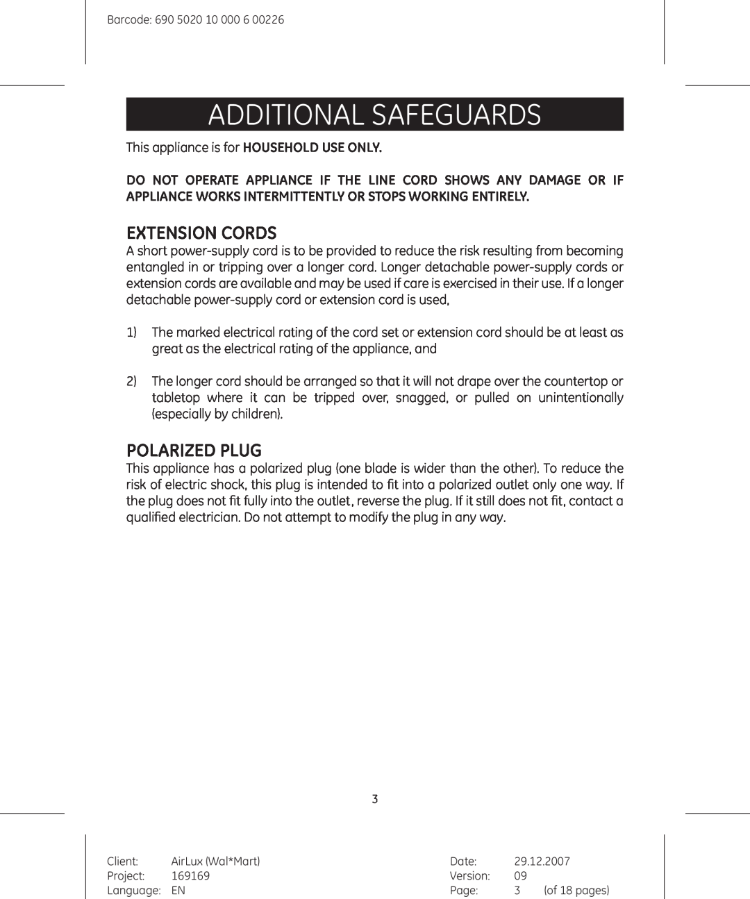 GE 169175, 169169 manual Additional Safeguards, Extension Cords, Polarized Plug 
