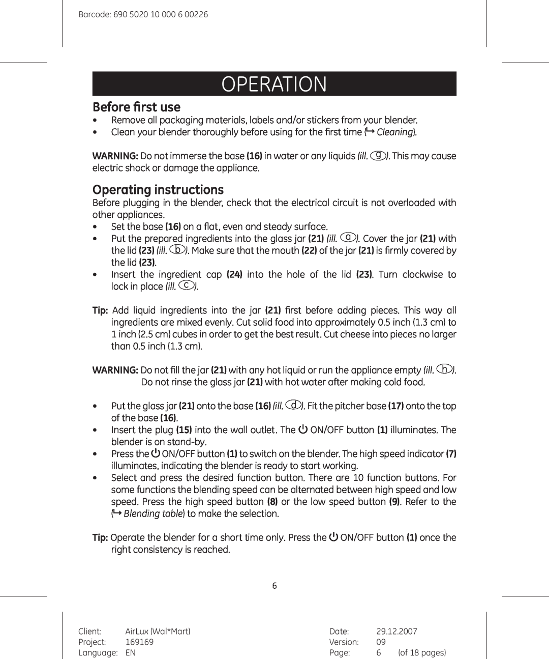 GE 169169, 169175 manual Operation, Before first use, Operating instructions 