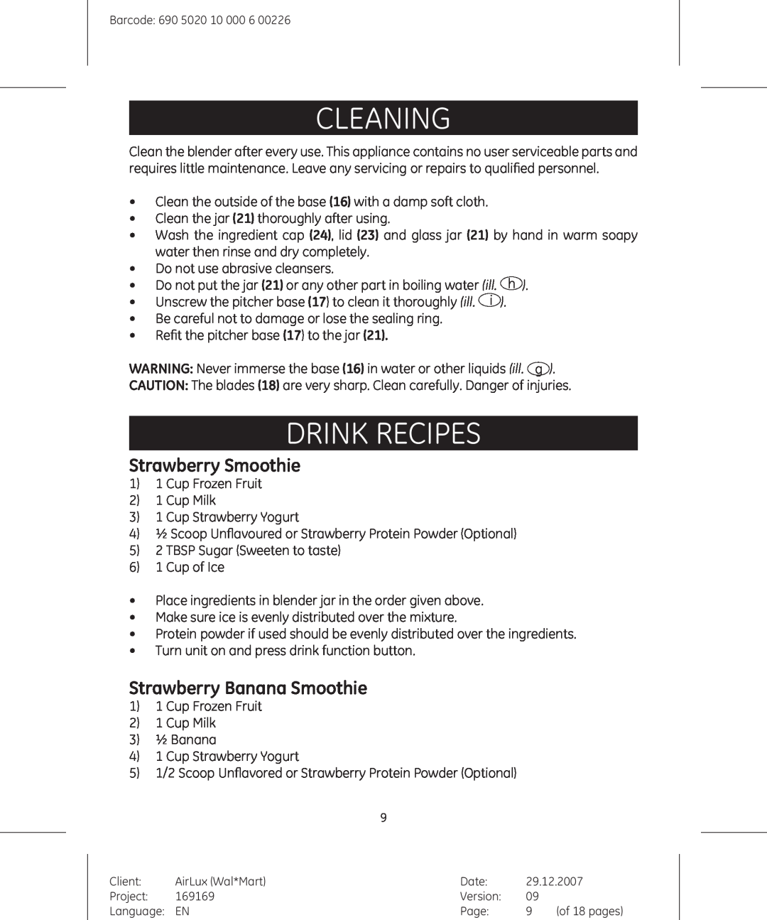 GE 169175, 169169 manual Cleaning, Drink RECIPES, Strawberry Smoothie, Strawberry Banana Smoothie 