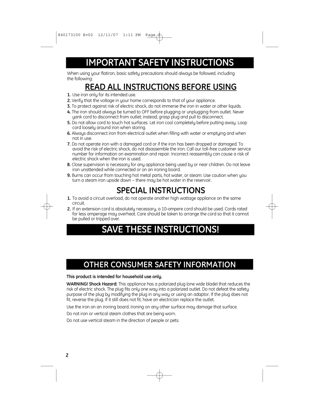 GE 169173, 840173100 manual Other Consumer Safety Information, This product is intended for household use only 