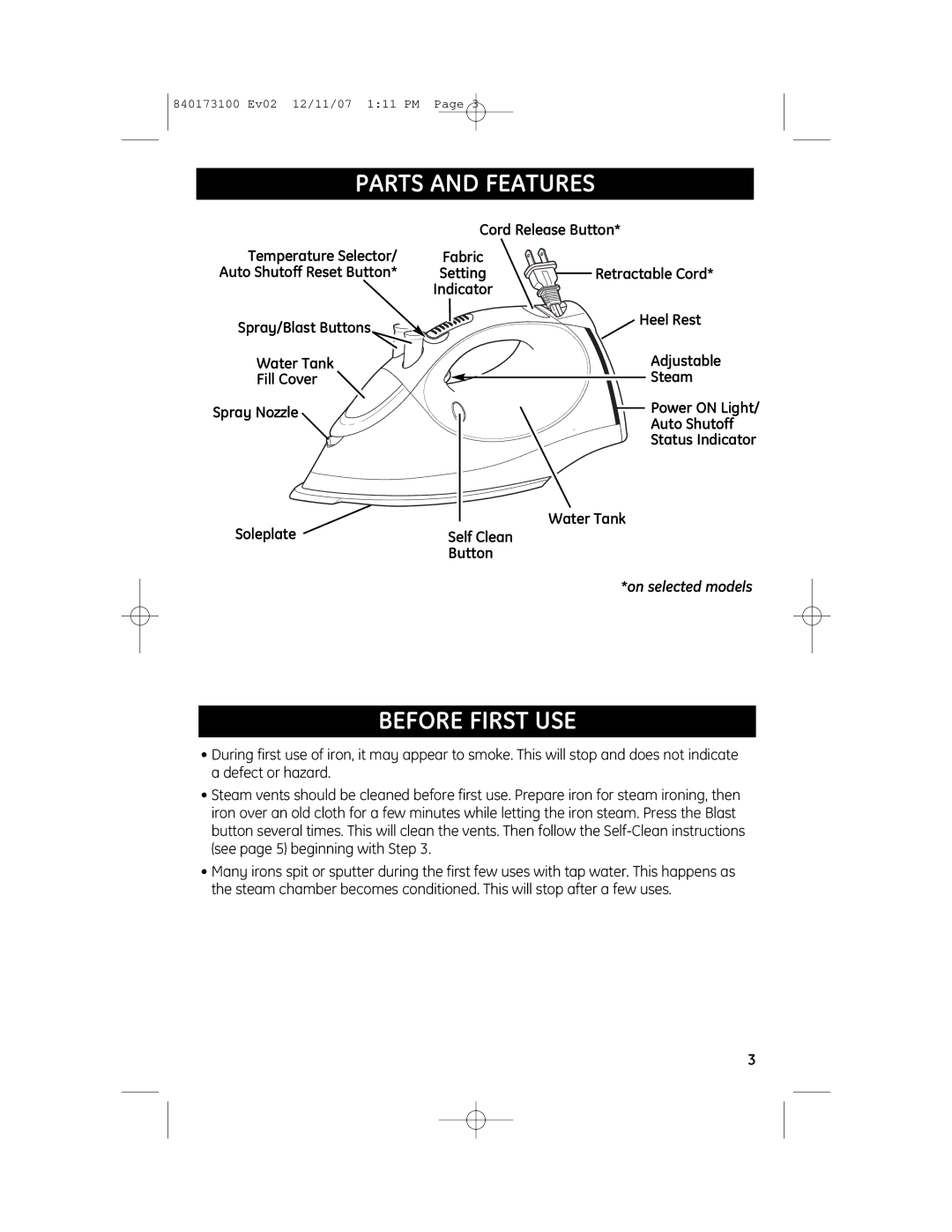 GE 840173100, 169173 manual Parts and Features, Before First USE 