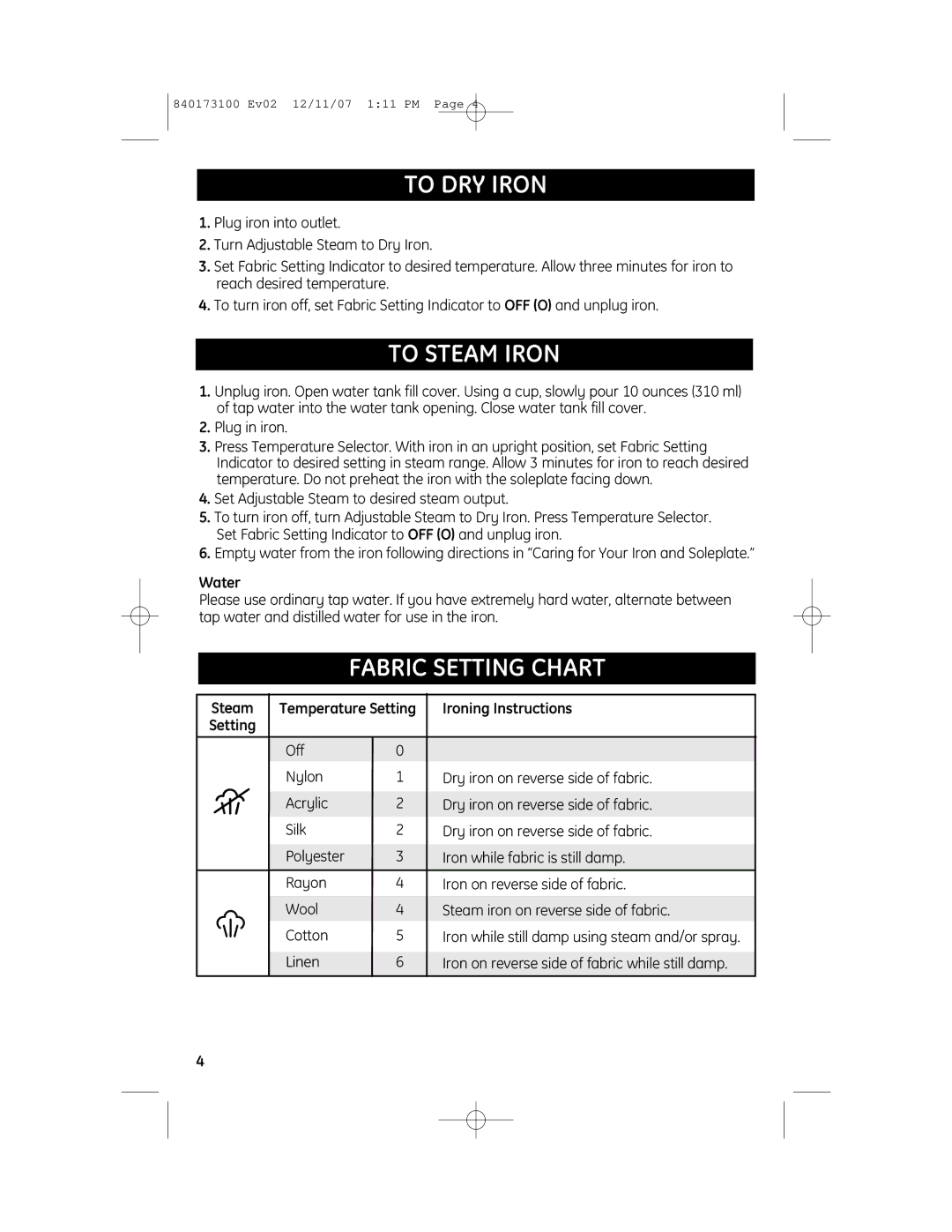 GE 169173, 840173100 manual To DRY Iron, To Steam Iron, Fabric Setting Chart, Temperature Setting 