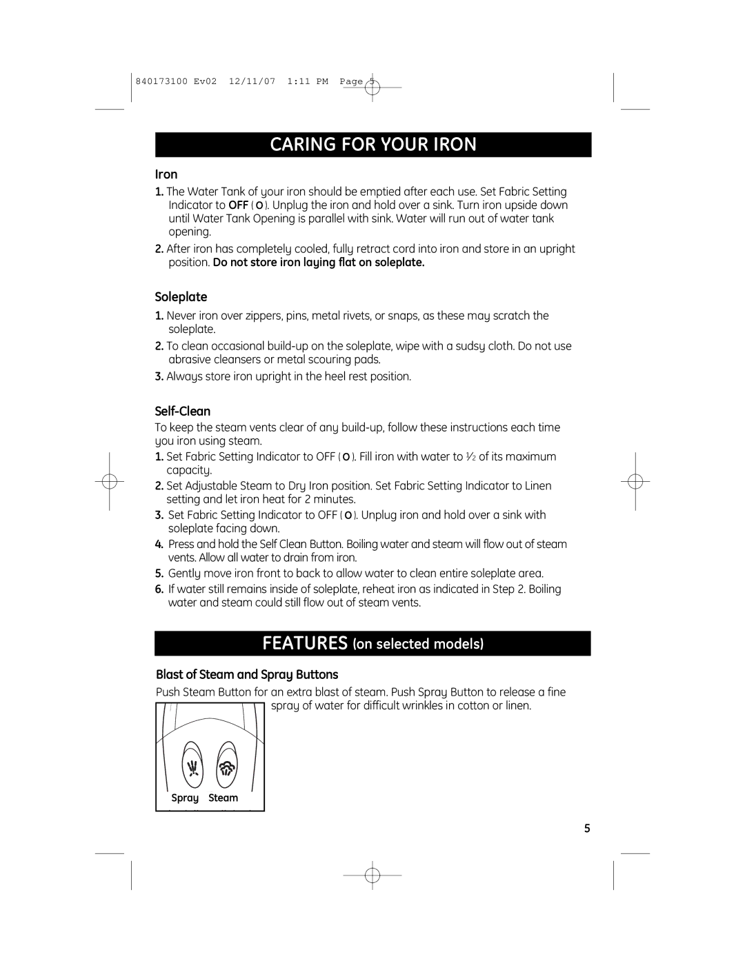 GE 840173100, 169173 manual Caring for Your Iron, Features on selected models 