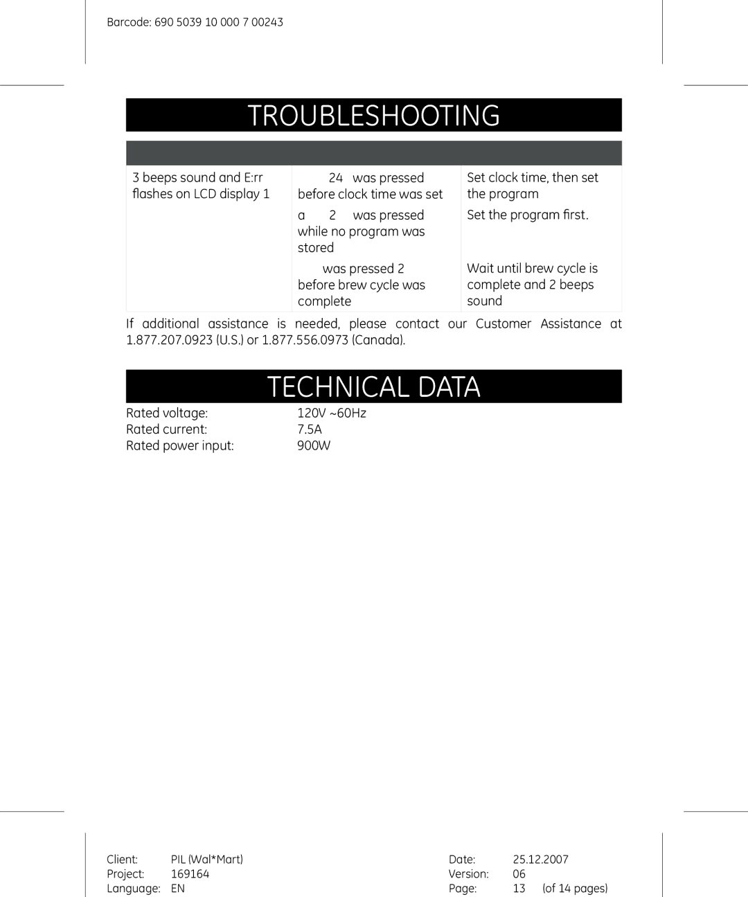 GE 169182 manual Technical data 