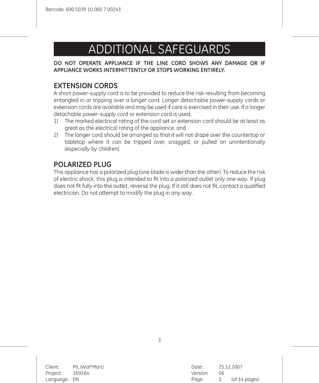 GE 169182 manual Additional Safeguards, Extension Cords 