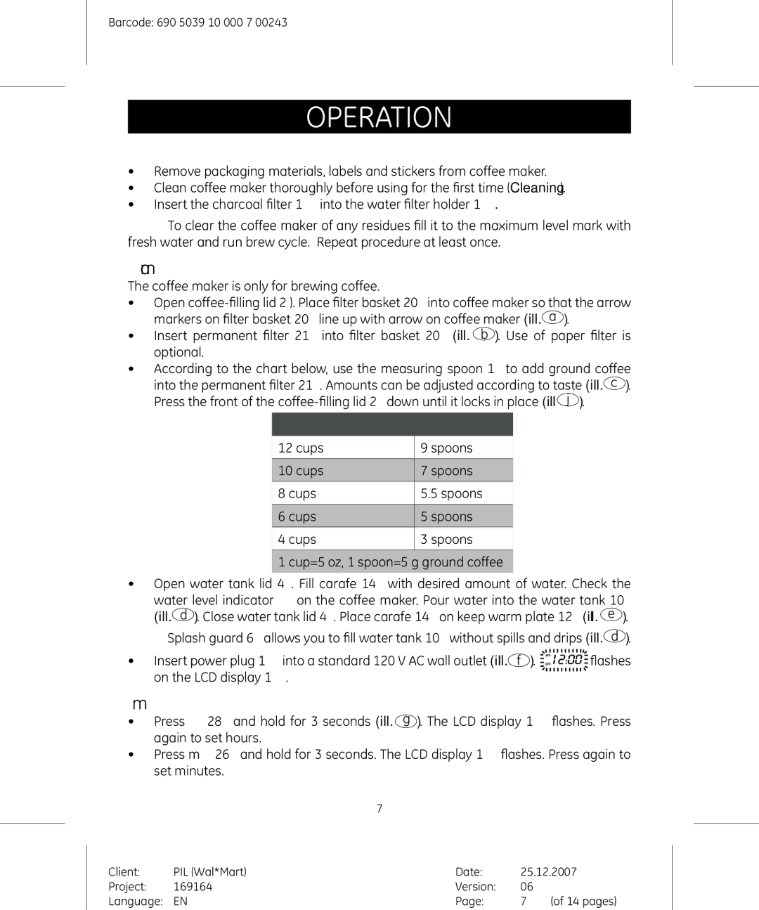 GE 169182 manual Operation, Before first use, Using the coffee maker, Setting time 