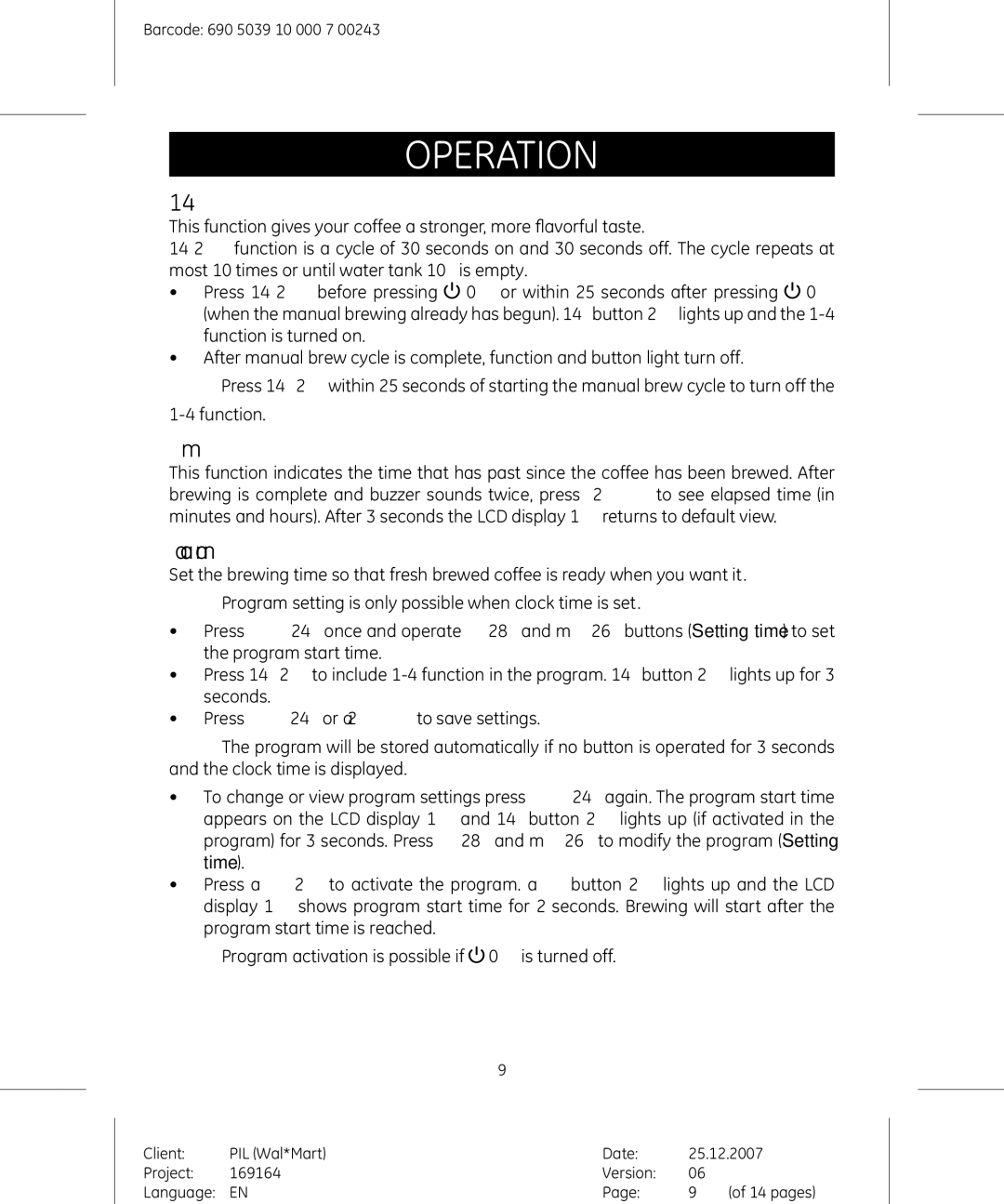 GE 169182 manual Button, TSB button Time Since Brew, Setting and activating the Auto Program Function 