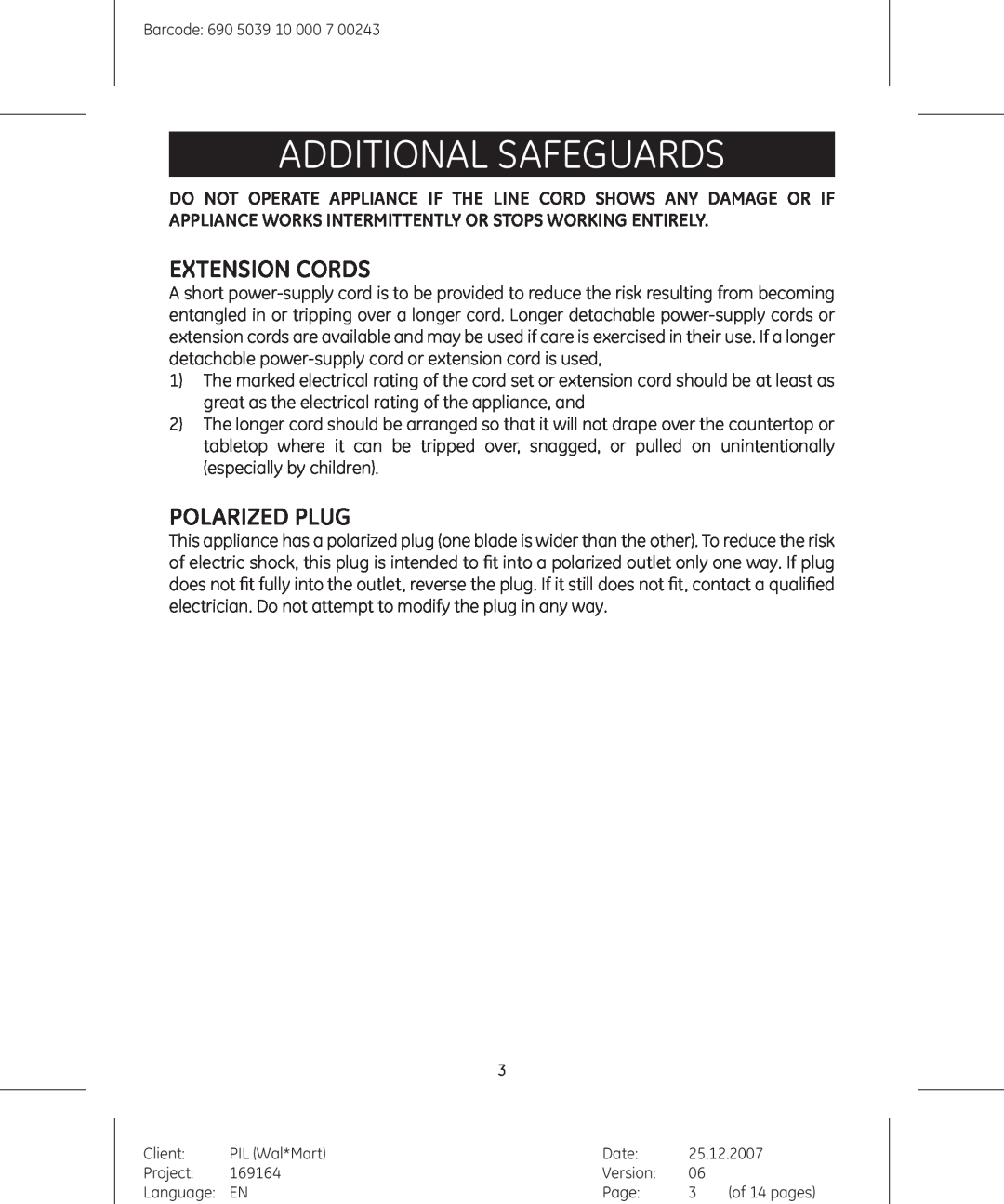 GE 169182 manual Additional Safeguards, Extension Cords, Polarized Plug 