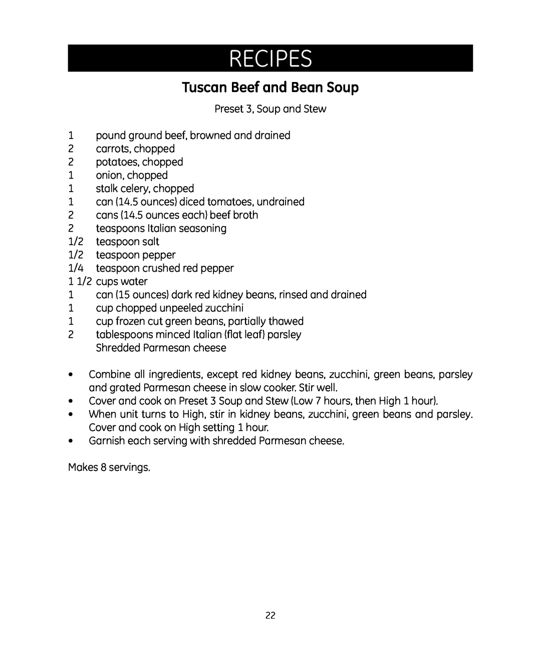 GE 681131692007 manual Tuscan Beef and Bean Soup, Recipes 