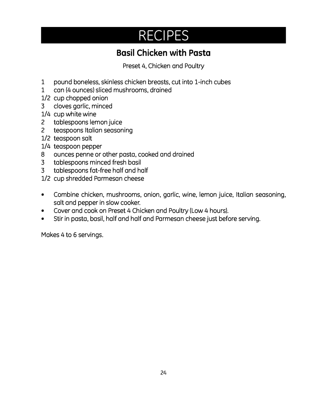 GE 681131692007 manual Basil Chicken with Pasta, Recipes 