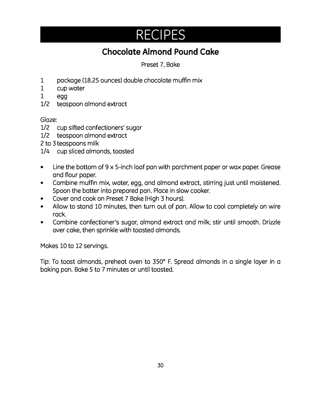 GE 681131692007 manual Chocolate Almond Pound Cake, Recipes 
