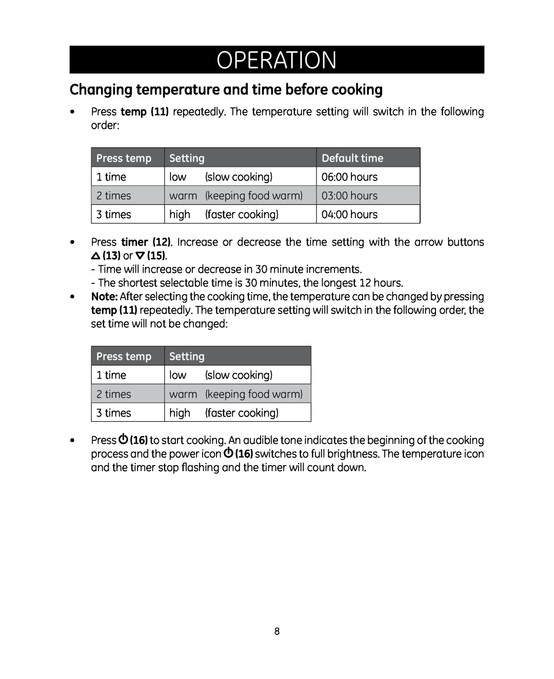 GE 681131692007 manual Changing temperature and time before cooking, Press temp, Default time, operation 