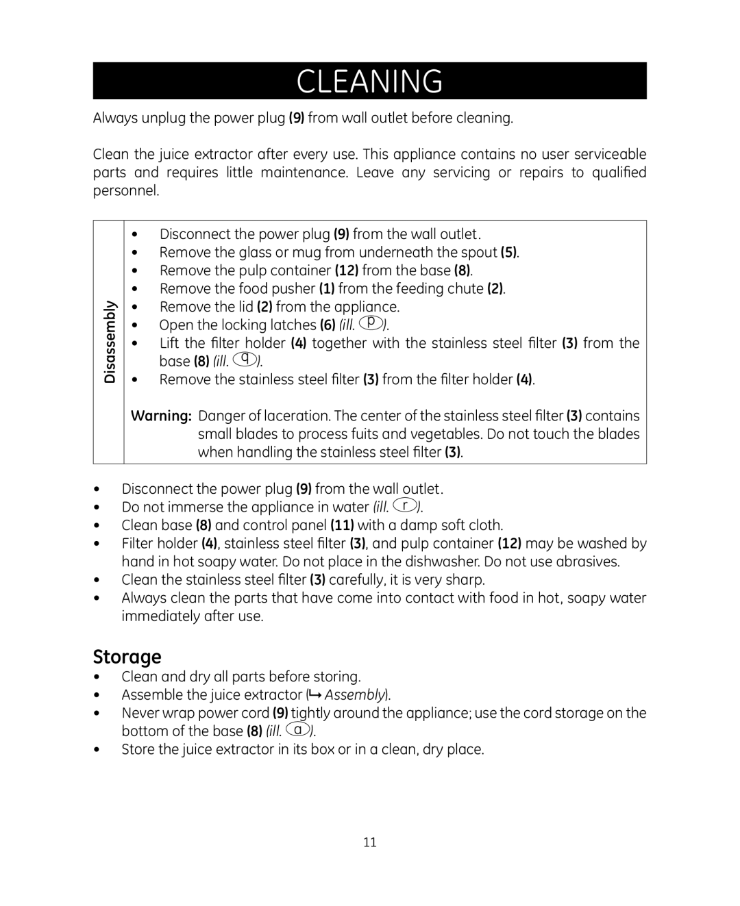 GE 681131692014 manual Cleaning, Storage, Disassembly 