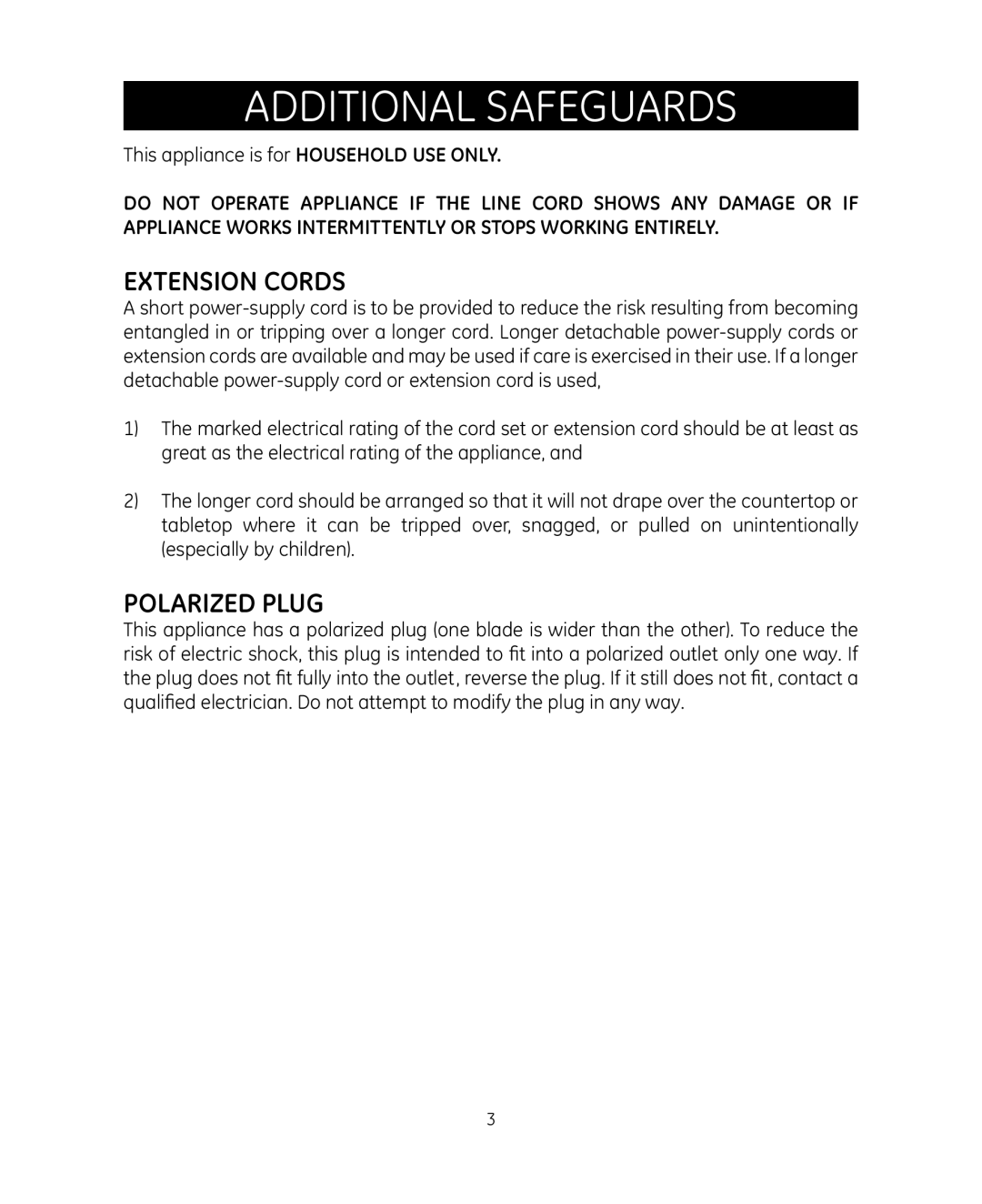 GE 681131692014 manual Additional Safeguards, Extension Cords 