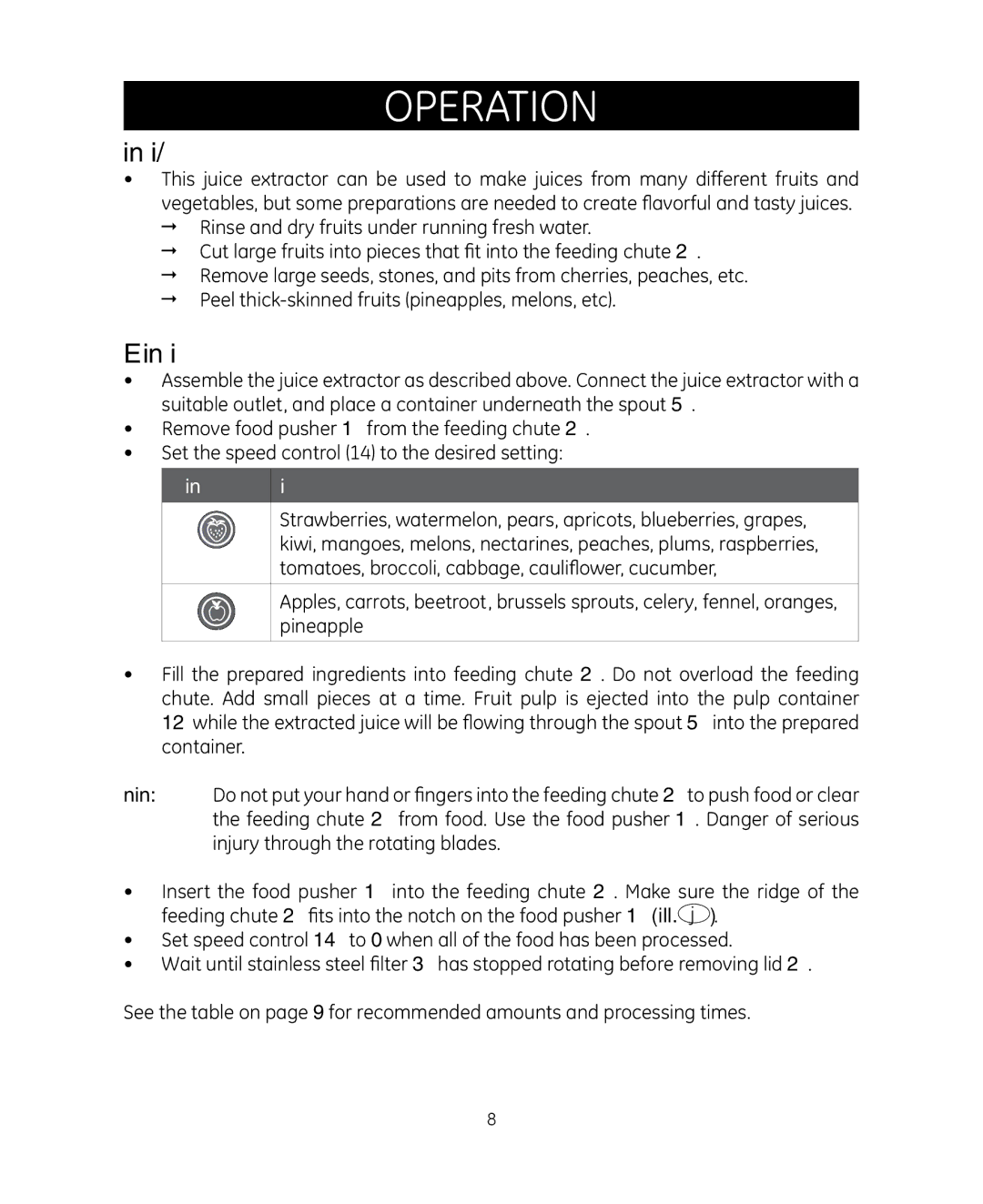 GE 681131692014 manual Preparing fruits/vegetables, Extracting juice, Setting Suitable for 