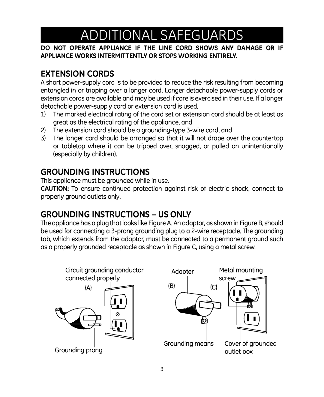 GE 681131692052 manual Additional Safeguards, Extension Cords, Grounding Instructions - Us Only 