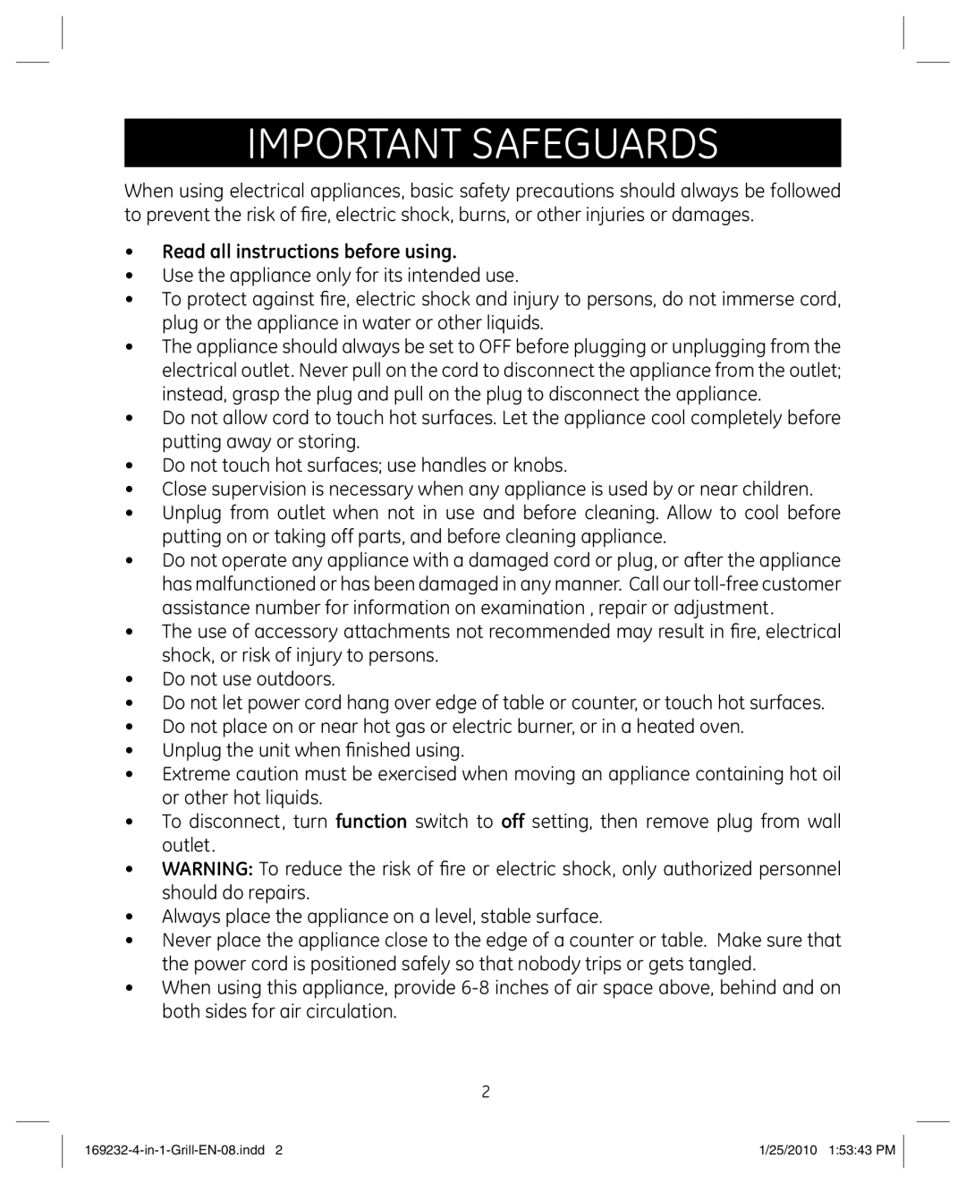 GE 681131692328 manual Important Safeguards, Read all instructions before using 