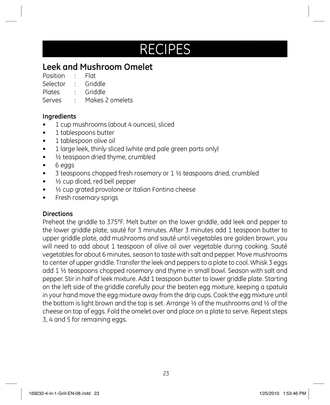 GE 681131692328 manual Leek and Mushroom Omelet 