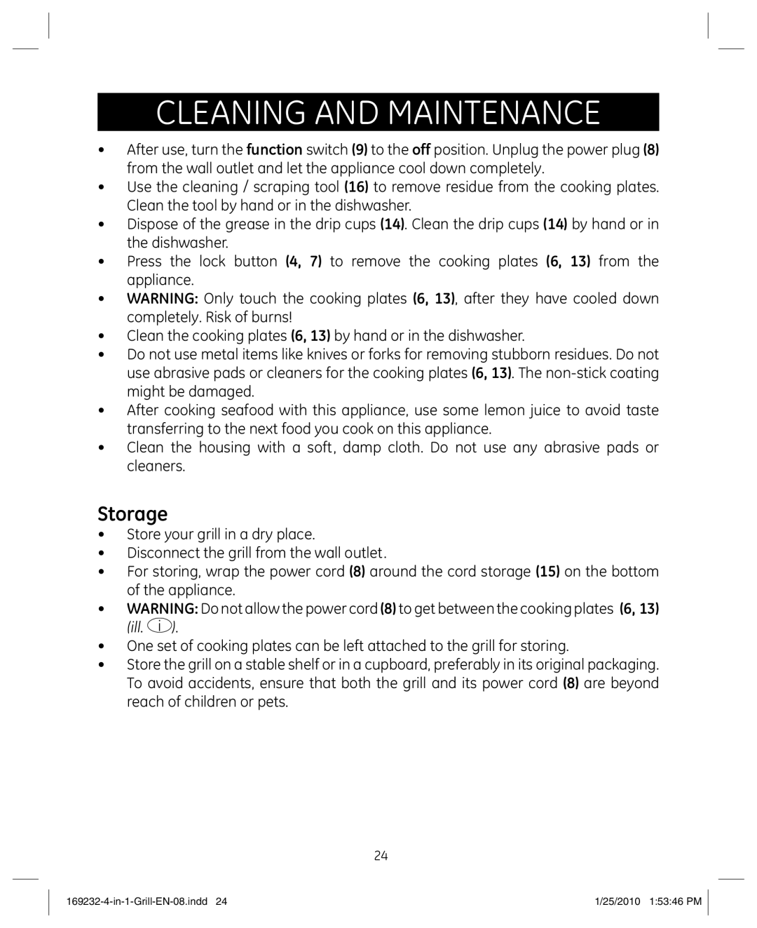 GE 681131692328 manual Cleaning and maintenance, Storage 