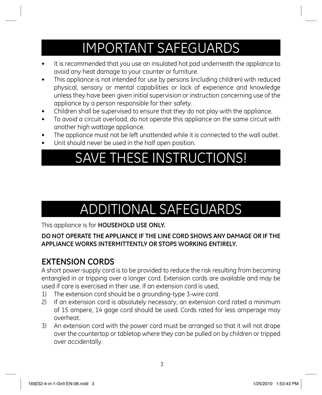 GE 681131692328 manual Additional Safeguards, This appliance is for Household USE only 