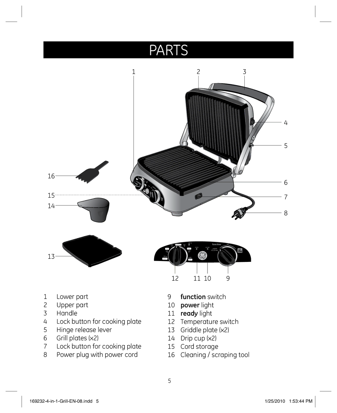 GE 681131692328 manual Parts, Power light 