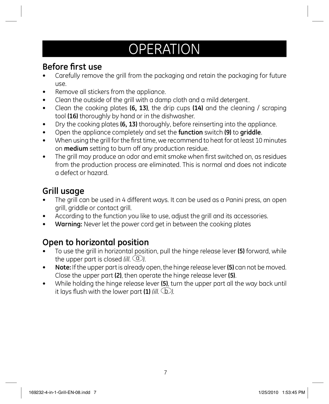 GE 681131692328 manual Operation, Before first use, Grill usage, Open to horizontal position 