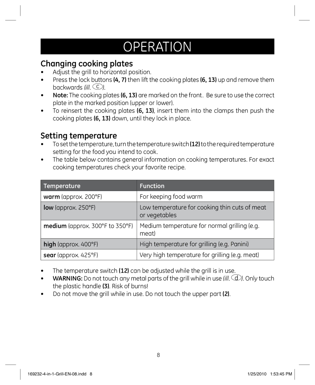 GE 681131692328 manual Changing cooking plates, Setting temperature 
