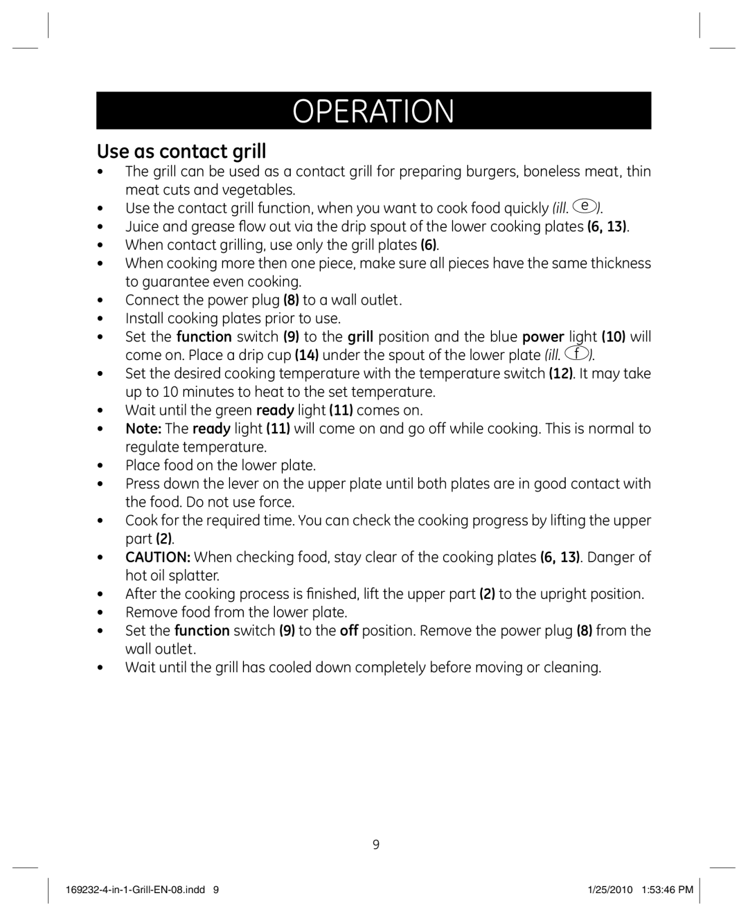GE 681131692328 manual Use as contact grill 