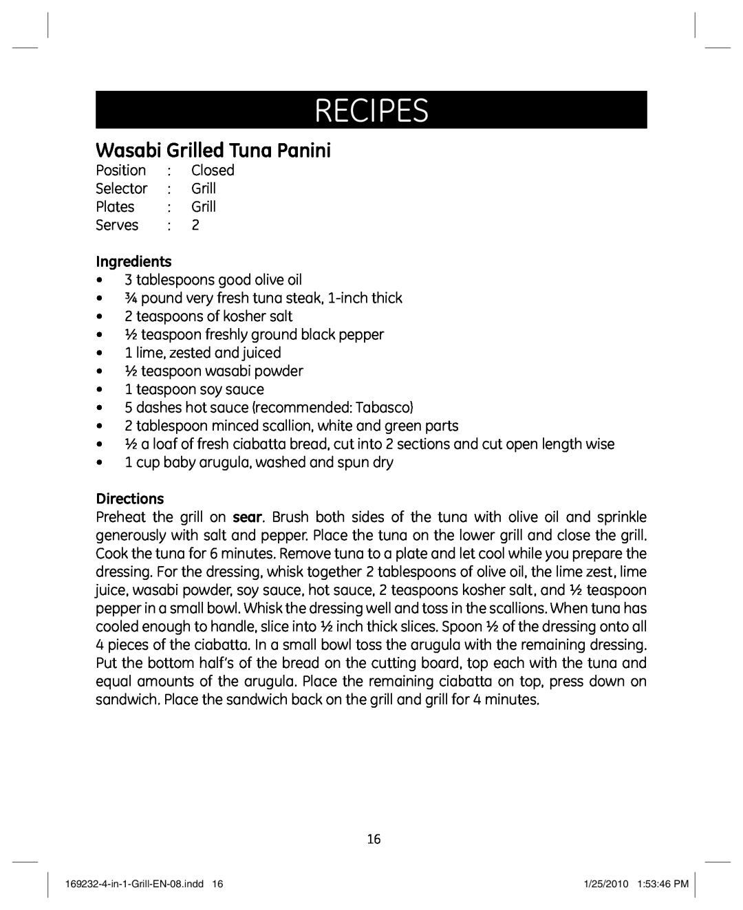 GE 681131692328 manual Wasabi Grilled Tuna Panini, Recipes, Ingredients, Directions 