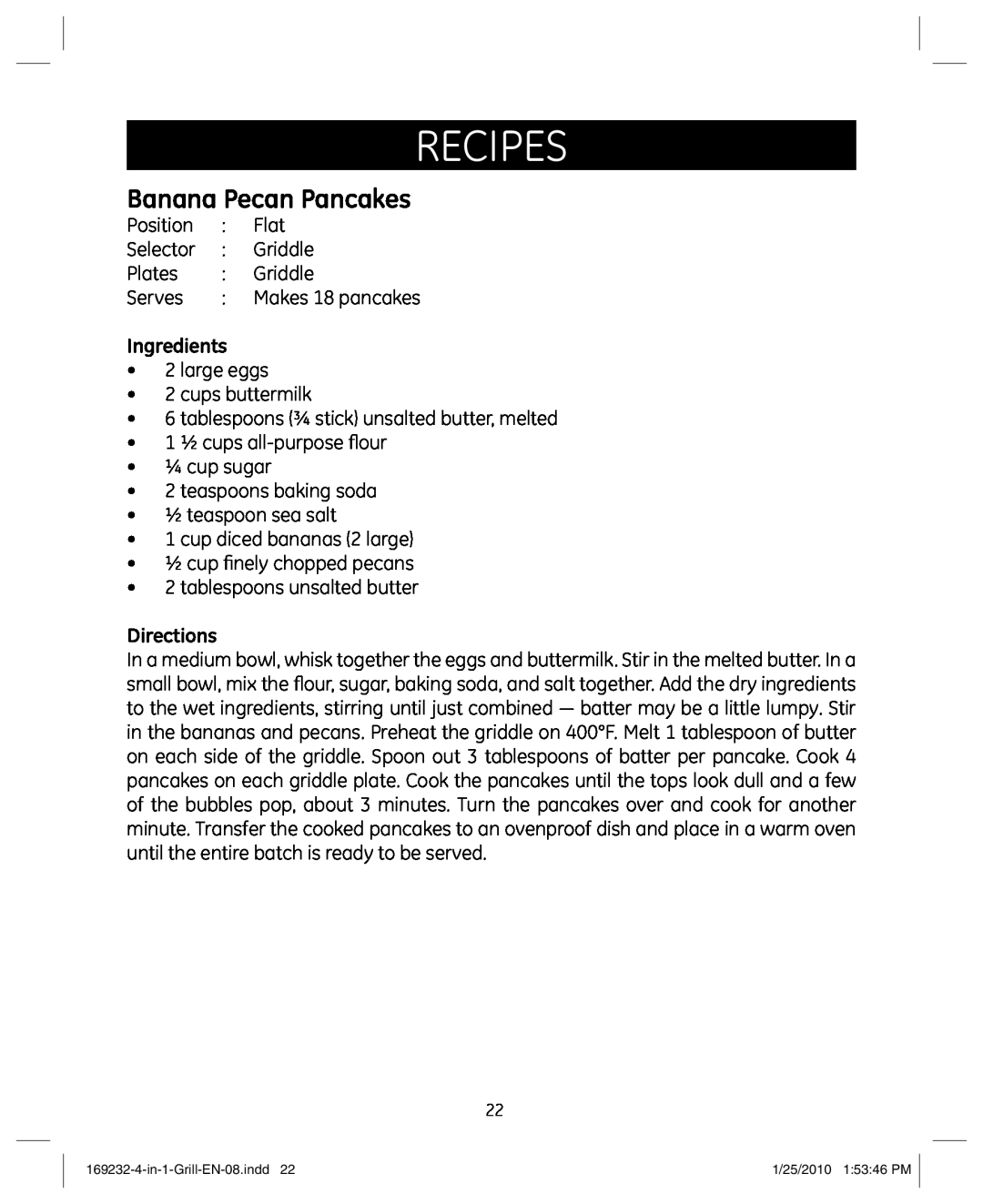GE 681131692328 manual Banana Pecan Pancakes, Recipes, Ingredients, Directions 