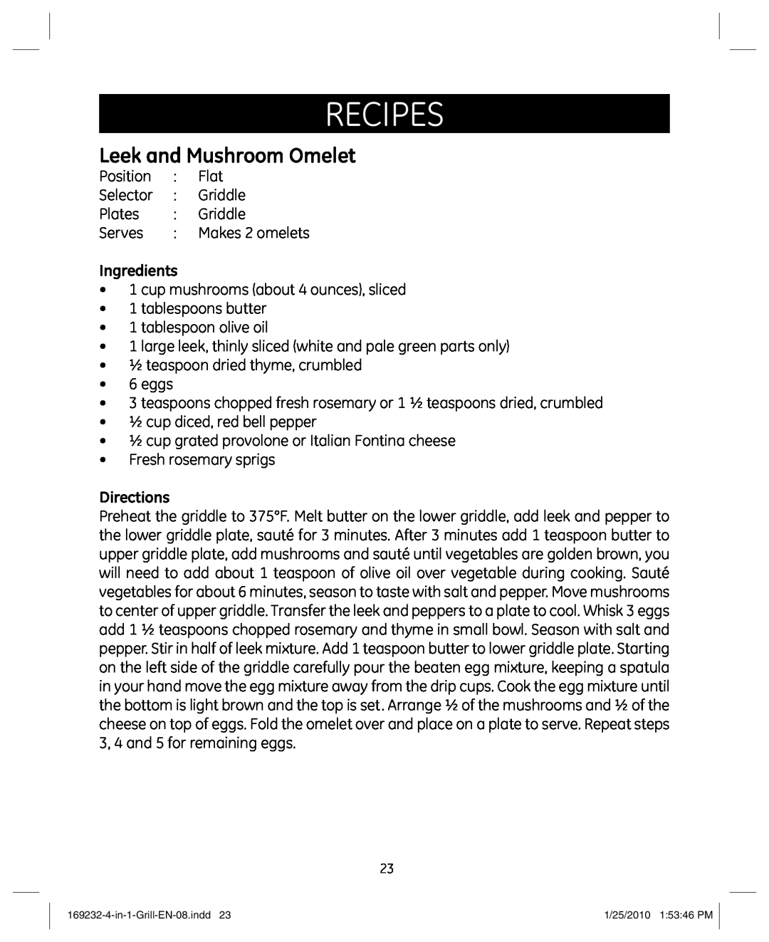 GE 681131692328 manual Leek and Mushroom Omelet, Recipes, Ingredients, Directions 