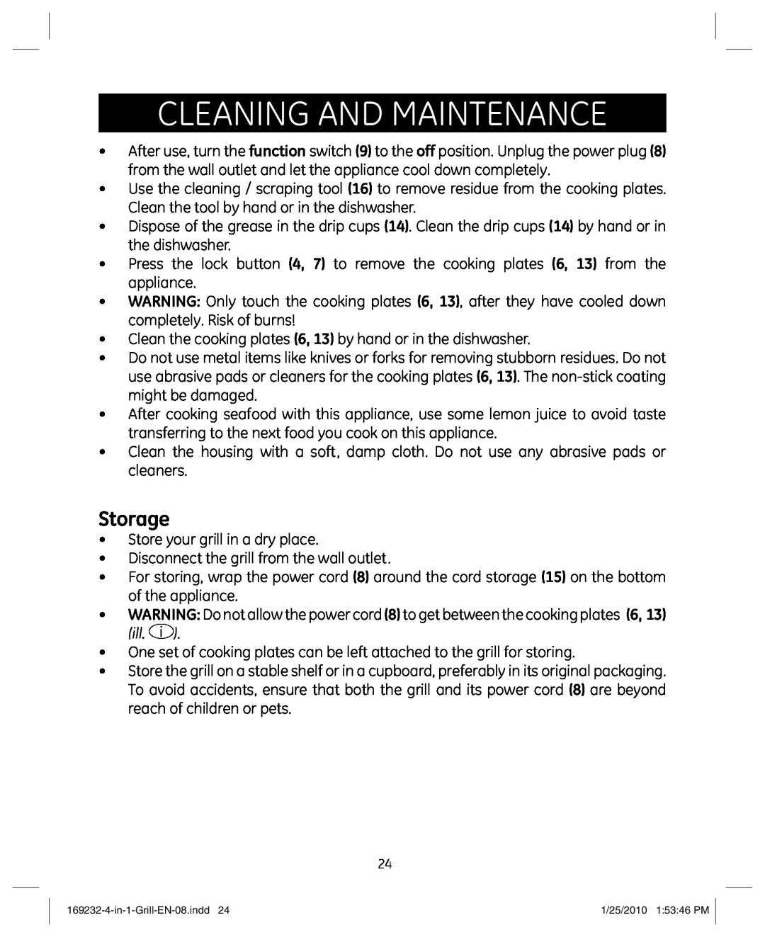 GE 681131692328 manual Cleaning and maintenance, Storage 