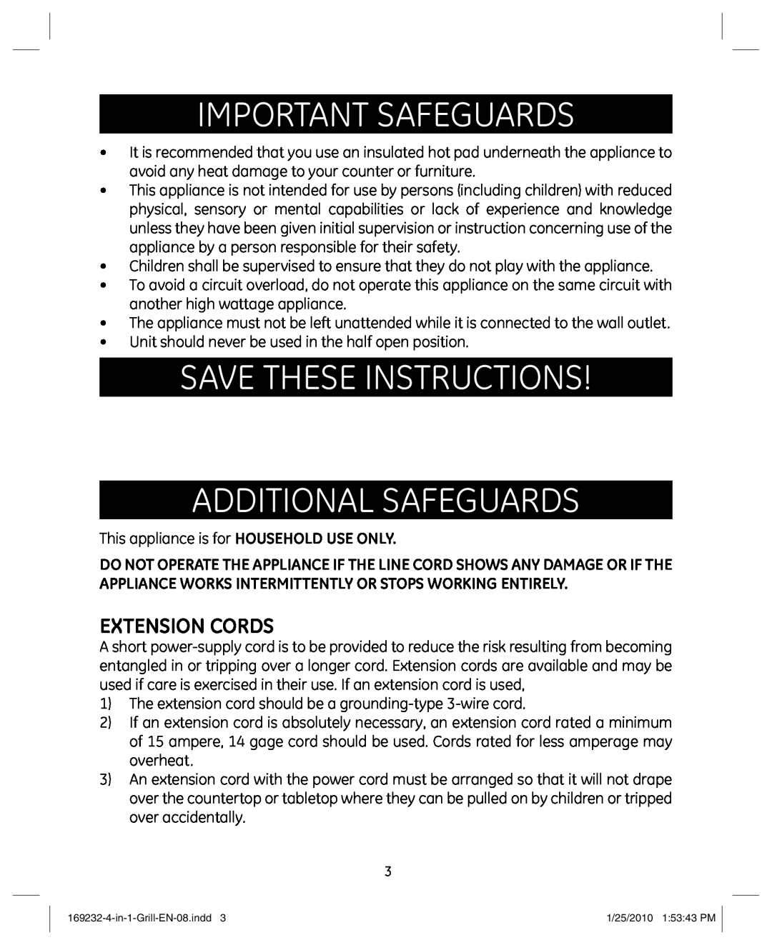 GE 681131692328 manual Save these instructions Additional Safeguards, Extension Cords, Important Safeguards 