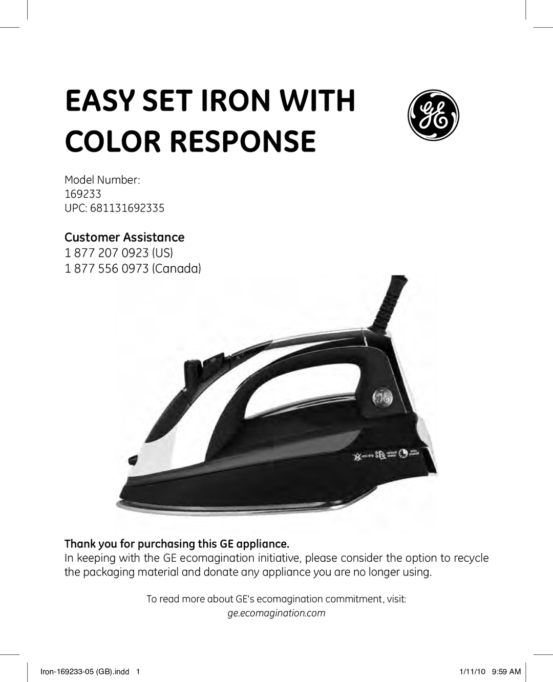 GE 169233 manual Easy set iron with color response 