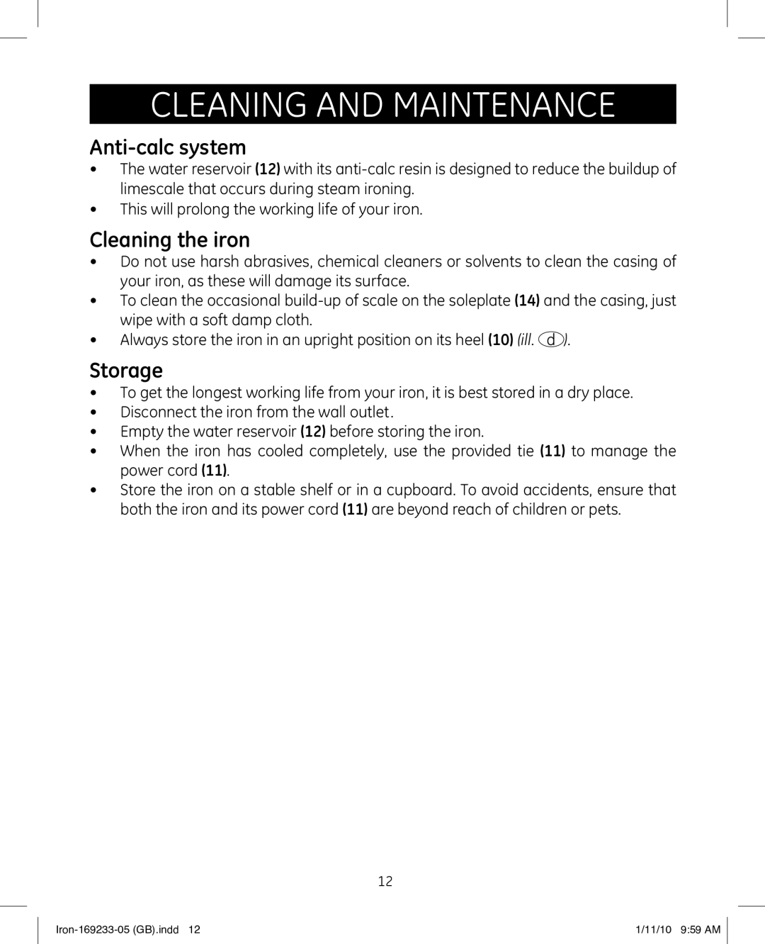 GE 169233 manual Cleaning and maintenance, Anti-calc system, Cleaning the iron, Storage 