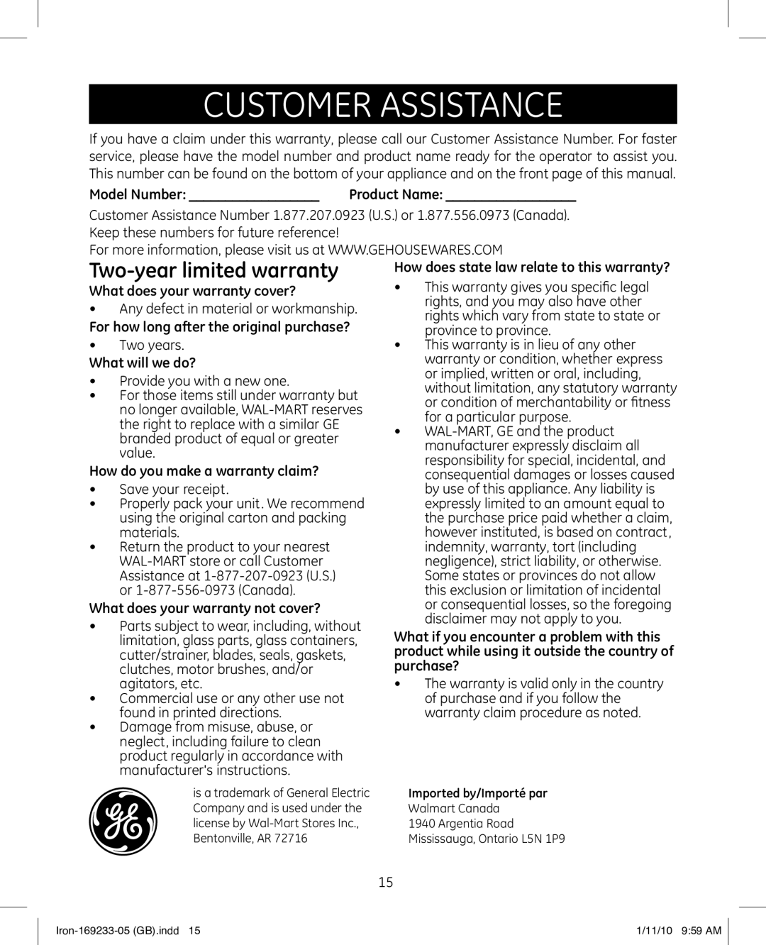 GE 169233 manual Customer Assistance, Two-year limited warranty 