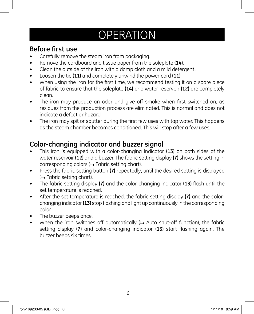 GE 169233 manual Operation, Before first use, Color-changing indicator and buzzer signal 