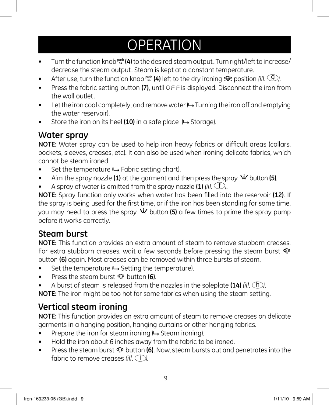 GE 169233 manual Water spray, Steam burst, Vertical steam ironing 