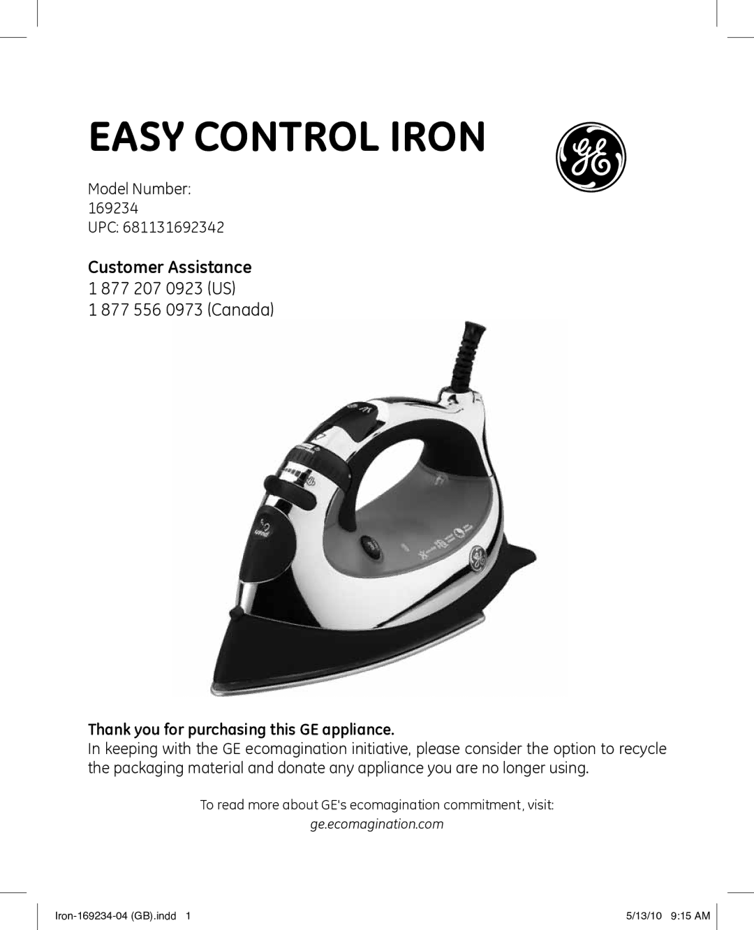 GE 169234 manual Easy control iron 