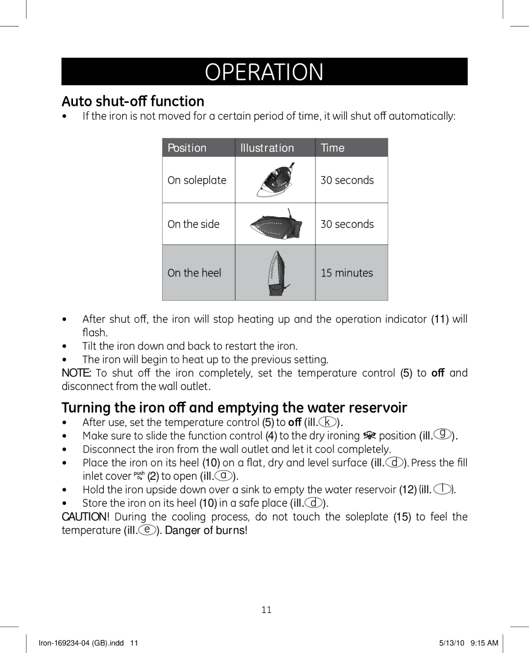 GE 169234 manual Auto shut-off function, Turning the iron off and emptying the water reservoir 