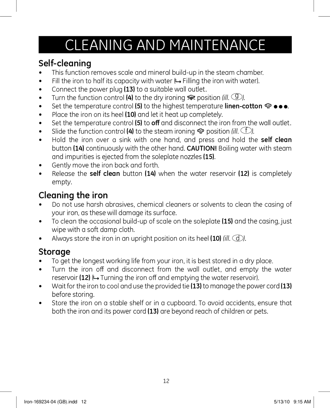 GE 169234 manual Cleaning and maintenance, Self-cleaning, Cleaning the iron, Storage 