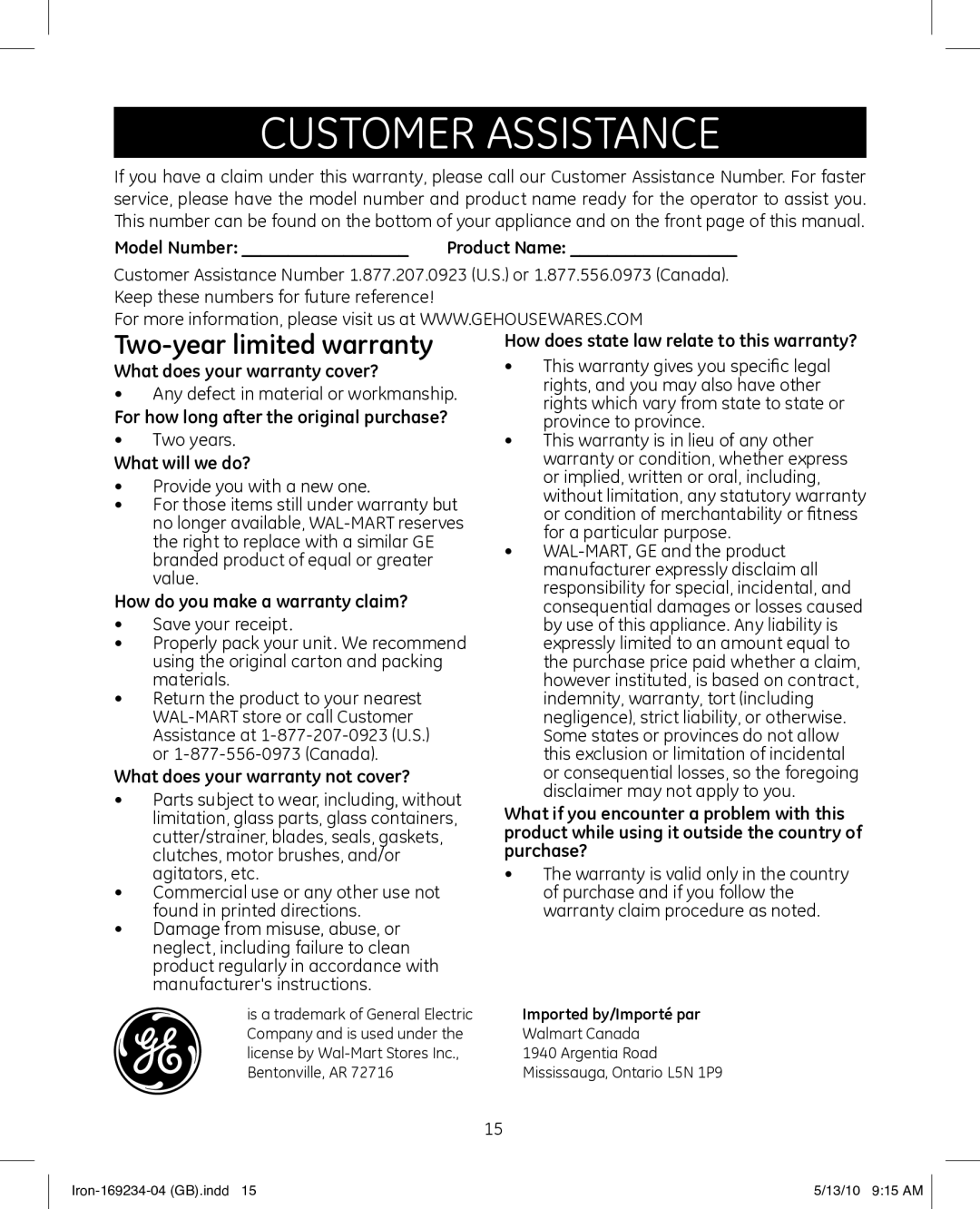 GE 169234 manual Customer Assistance, Two-year limited warranty 