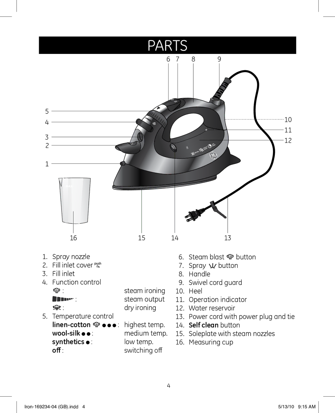 GE 169234 manual Parts 