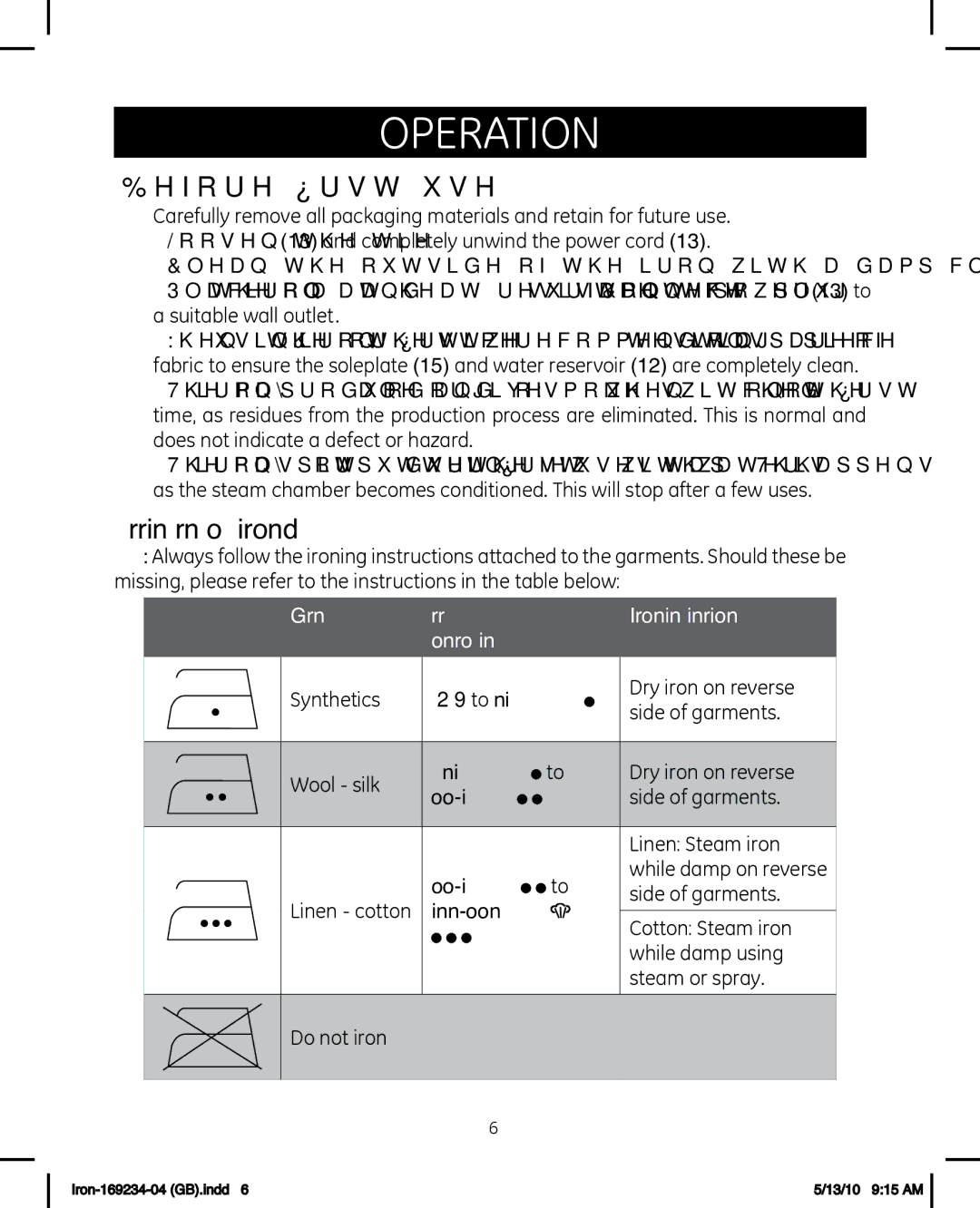 GE 169234 manual Operation, Before first use, Preparing garments to be ironed 