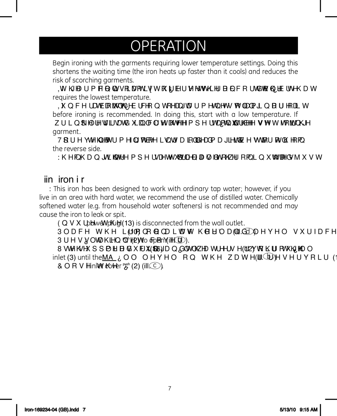 GE 169234 manual Filling the iron with water 