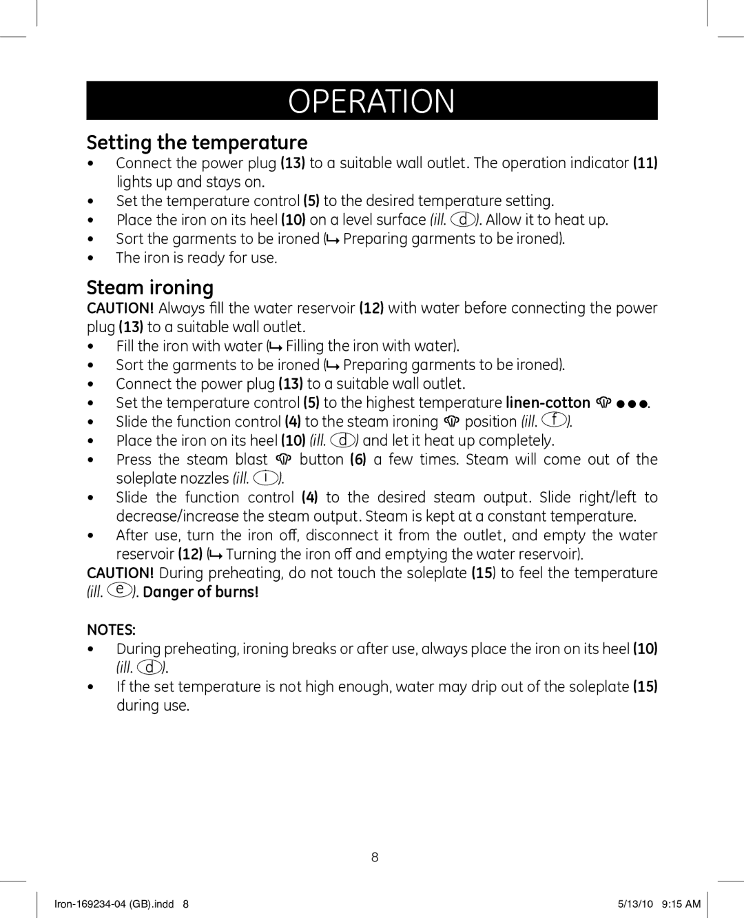 GE 169234 manual Setting the temperature, Steam ironing 