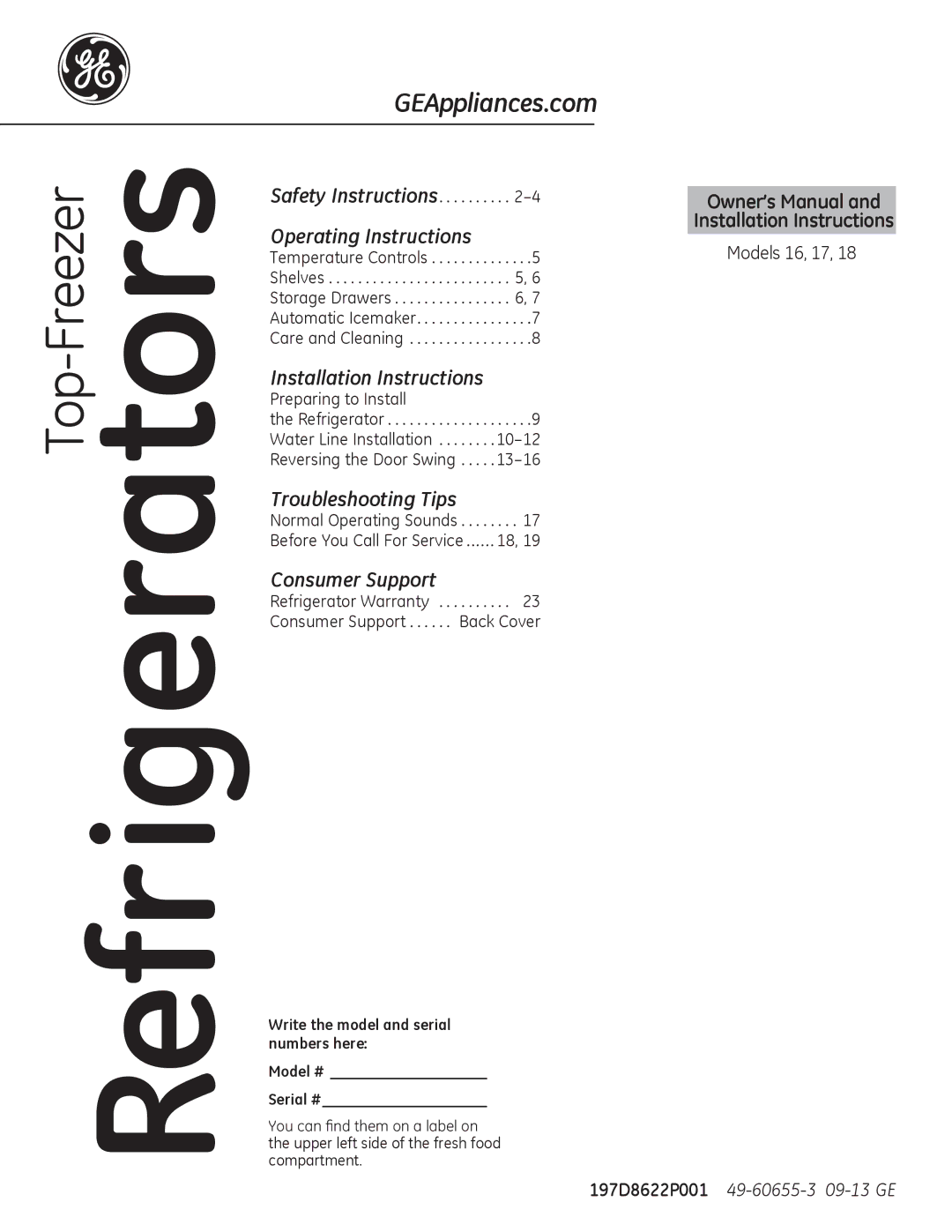 GE installation instructions Refrigerators, Models 16, 17, Normal Operating Sounds Before You Call For Service 