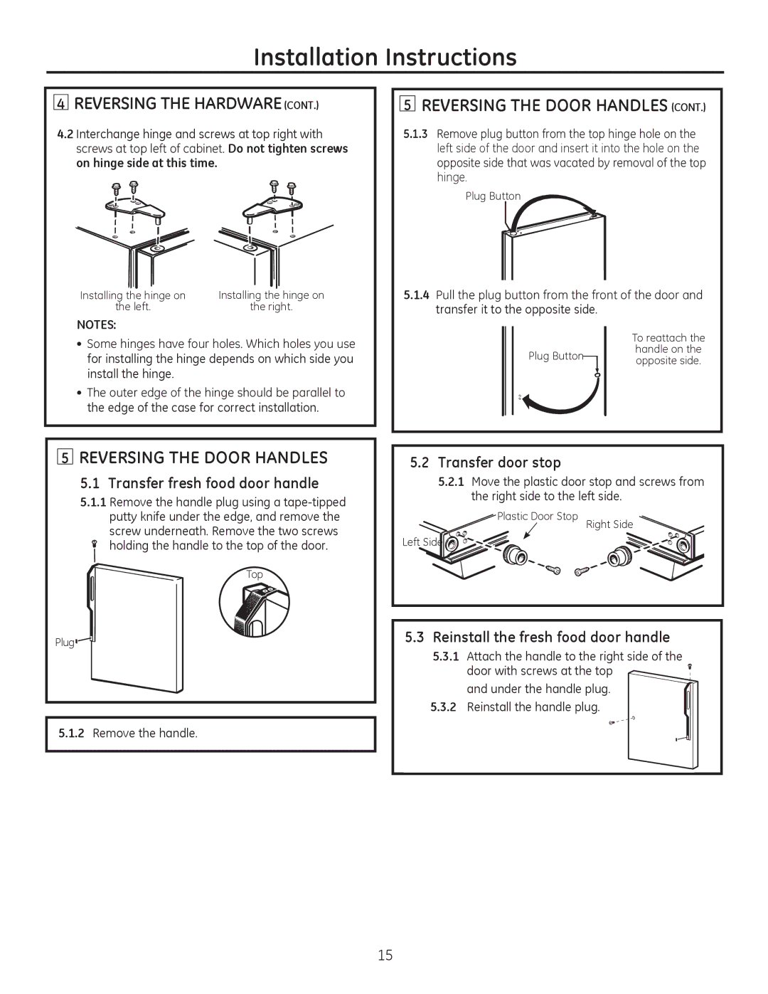 GE 16, 17 installation instructions Reversing the Door Handles, Transfer fresh food door handle, Transfer door stop 